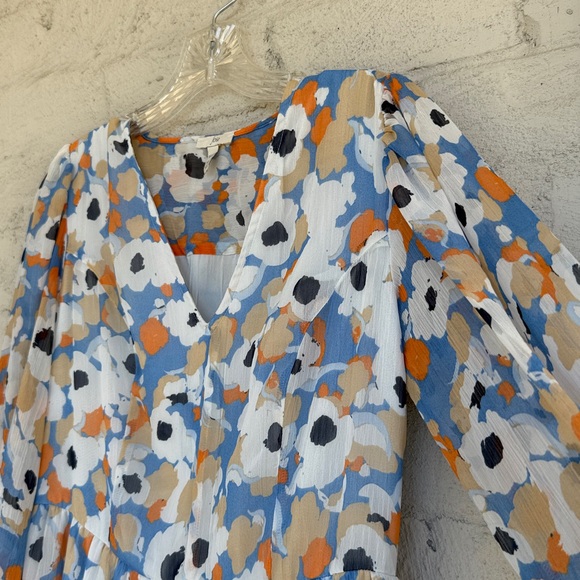 Joie Blue/Coral Floral Tiered Flowy Boho Prairie Dress W High-Low Hem Size XS - Picture 7 of 15